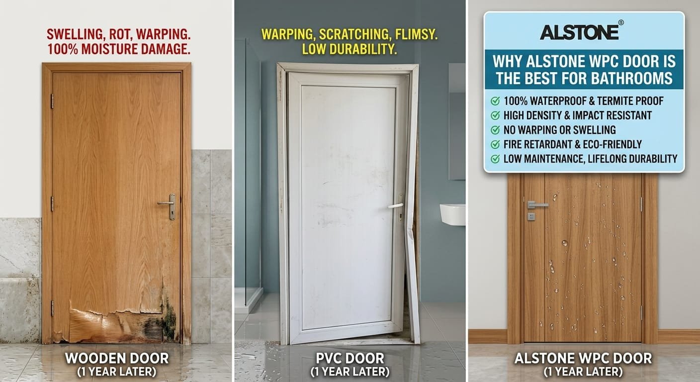 Why Alstone WPC Doors Are Best For Bathrooms vs. PVC & Wood Doors | KR Glass & Plywood